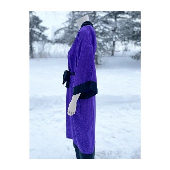 80s Diamond Tea Satin Loungewear Set Kimono Sleeve Duster Robe Trousers Purple B - Picture 14 of 16